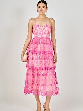 Pink Floral Tiered Lace Dress